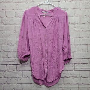 Figueroa & Flower Crepe Eyelet Blouse Sz L Half Balloon Sleeves Flowy Semi Sheer